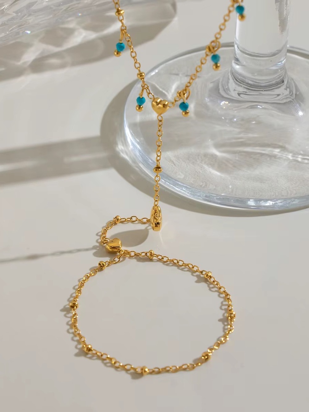 18K Gold Plated Turquoise Beaded Heart Hand Chain Bracelet - Picture 6 of 10
